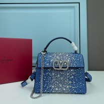 Valentino Garavani Mini Vsling Handbag with Sparkling Crystals In Calfskin BlueWhite