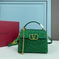 Valentino Garavani Mini Vsling Handbag with Sparkling Crystals In Calfskin GreenGold