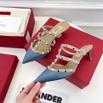 Valentino Garavani Rockstud Heeled Mules with Straps Women Patent Leather Navy Blue