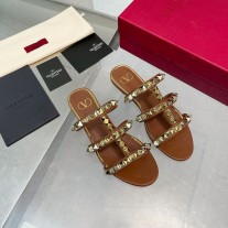 Valentino Garavani Rockstud Slides with No Limit Studs Women Calfskin Brown