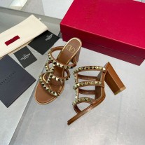 Valentino Garavani Rockstud Thick-Heeled Slides with No Limit Studs Women Calfskin Brown