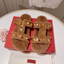 Valentino Garavani Roman Stud Slides with T-Strap Women Shearling Brown