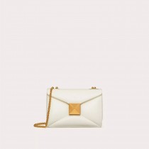 Valentino Garavani Small One Stud Shoulder Bag with Chain In Grainy Calfskin White