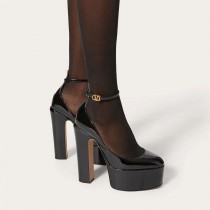 Valentino Garavani Tan-Go Platform Pumps with Ankle Strap Women Patent Leather Black