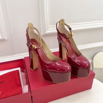 Valentino Garavani Tan-Go Platform Pumps with Ankle Strap Women Patent Leather Burgundy
